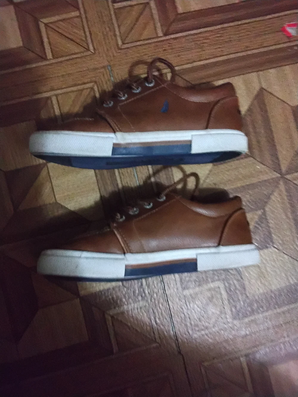 Nautica Boys Tan Brown Leather Boat Sneakers with Navy Accent